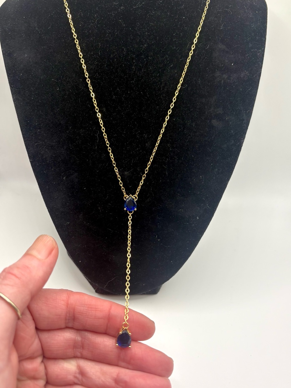 New Royal Blue Crystal Y Lariat Necklace Gold Tone Teardrop Statement 18”